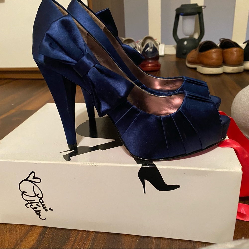 Paris Hilton Navy Blue Satin Platform Peep Toe High Heels with Bow